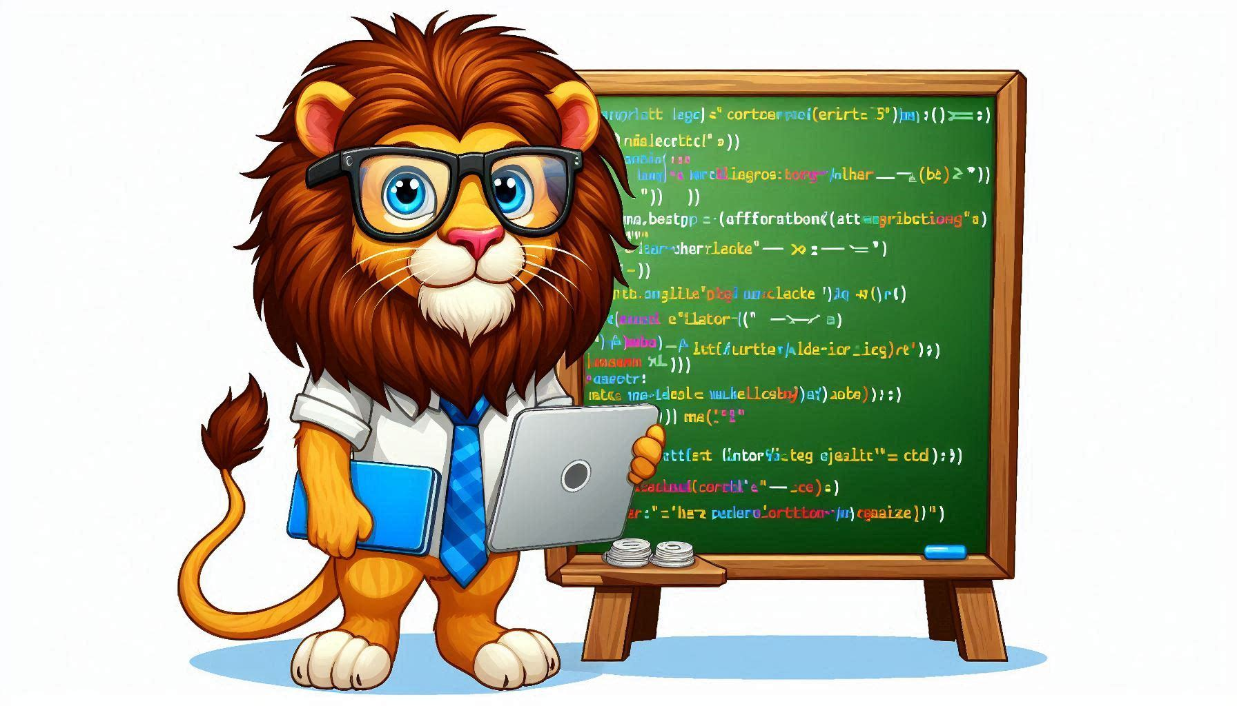 a cartoon lion holding a laptop and a laptop in front of a chalkboard